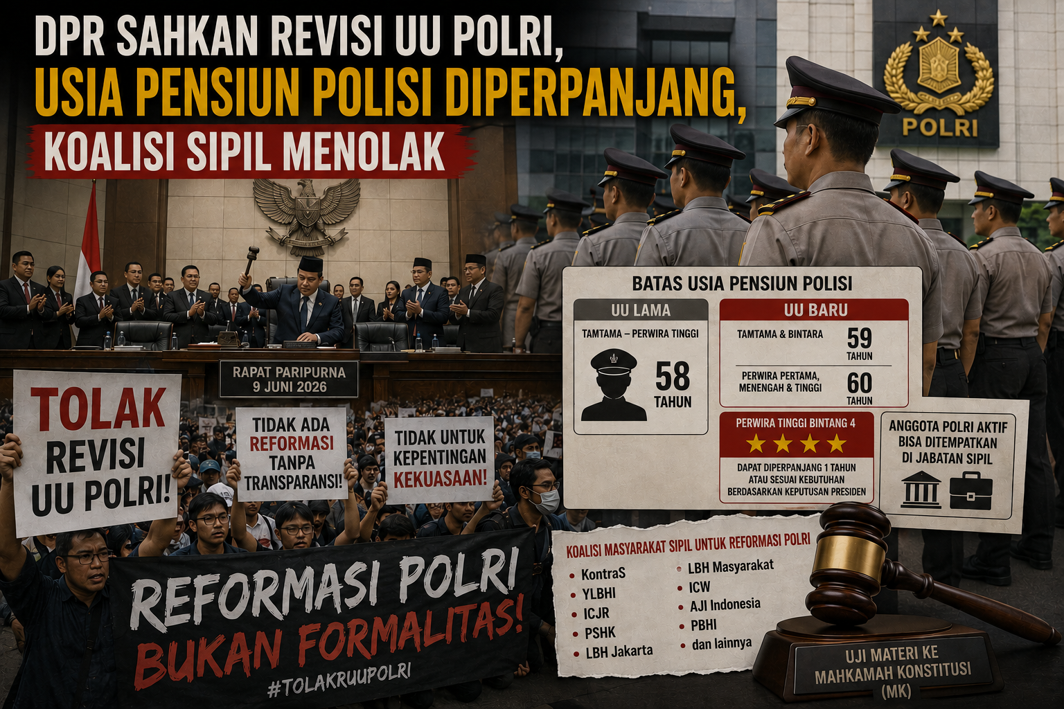 DPR Sahkan Revisi UU Polri, Usia Pensiun Polisi Diperpanjang, Koalisi Sipil Menolak